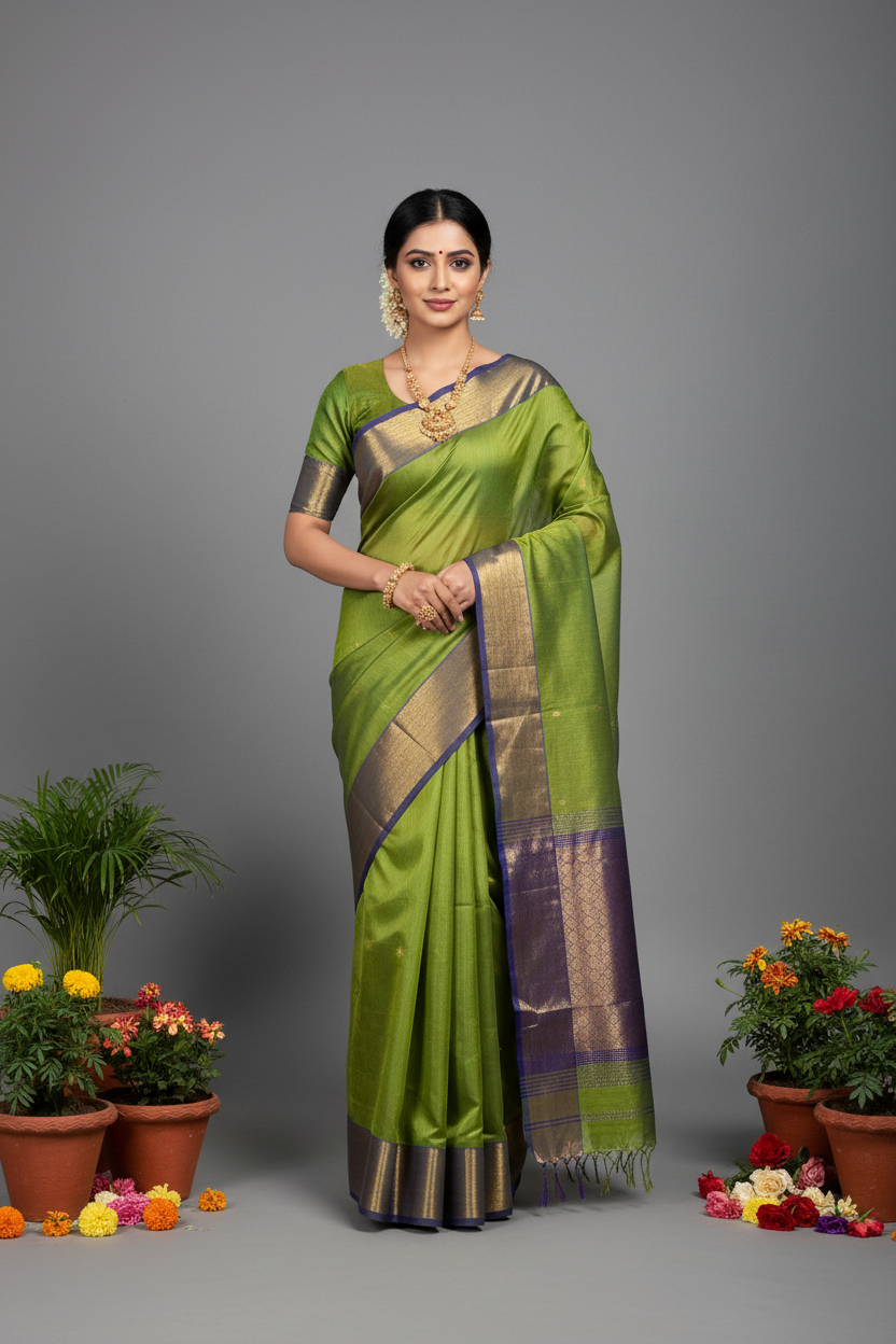 Parrot Green Maheshwari Silk Saree - Full Length View