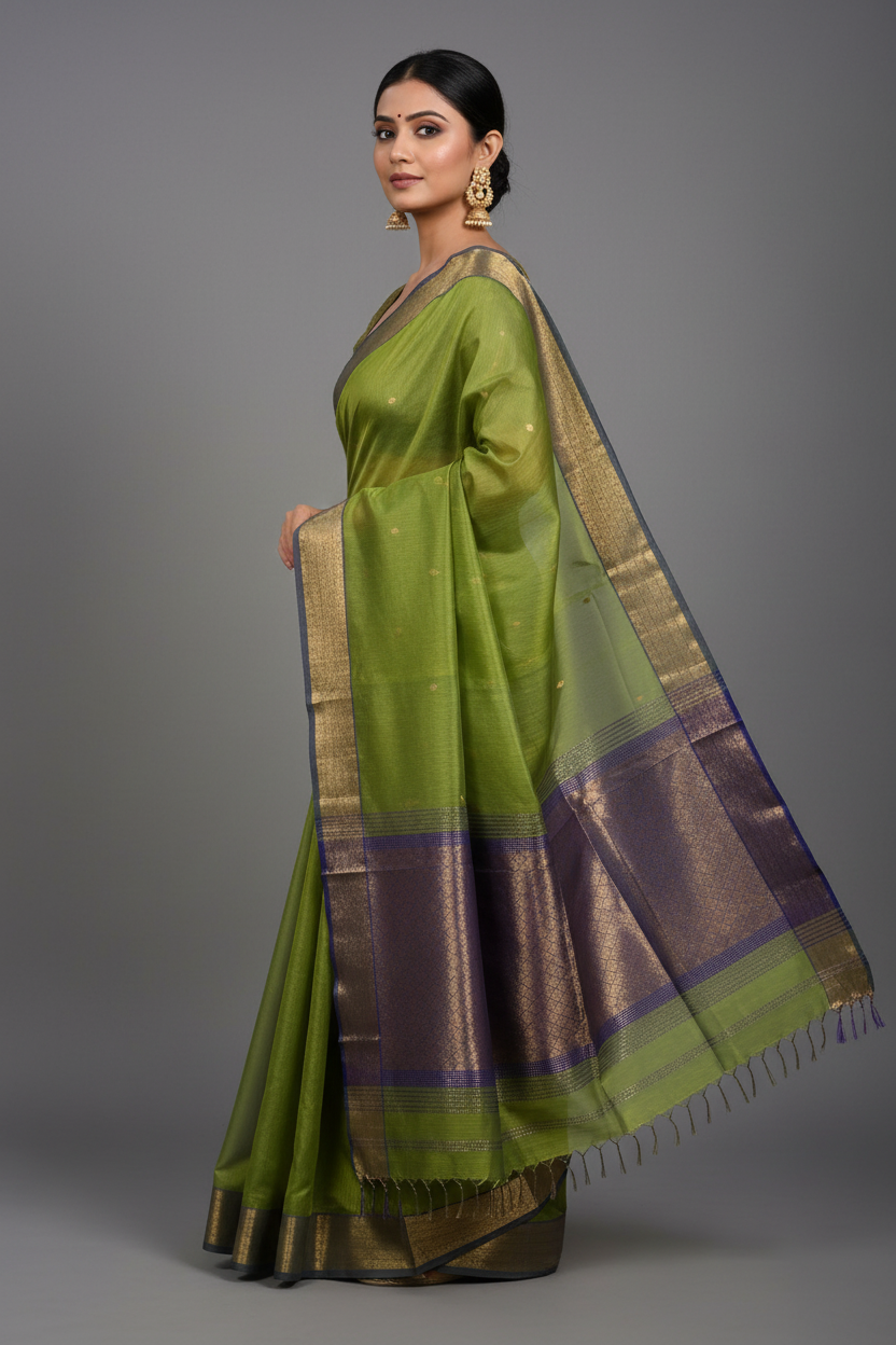 Parrot Green Maheshwari Silk Saree - Close-up Detail