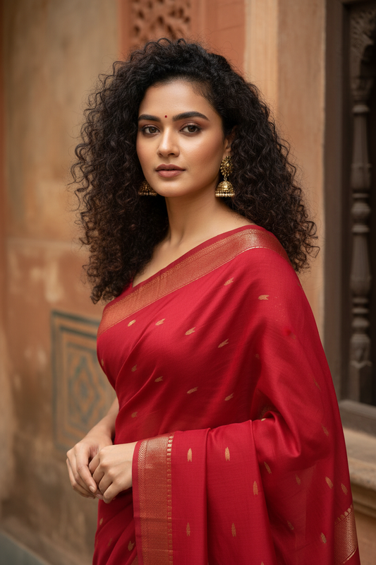 Vibrant Red Maheshwari Silk Saree - Portrait with Curly Hair