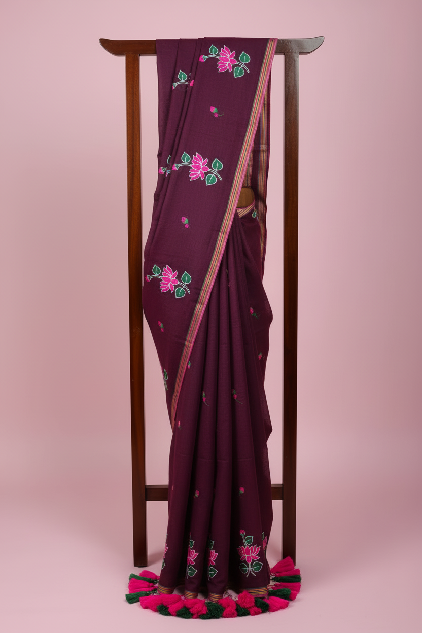 Pure 120 Count Cotton Kamal Embroidery Saree Maroon - Full View