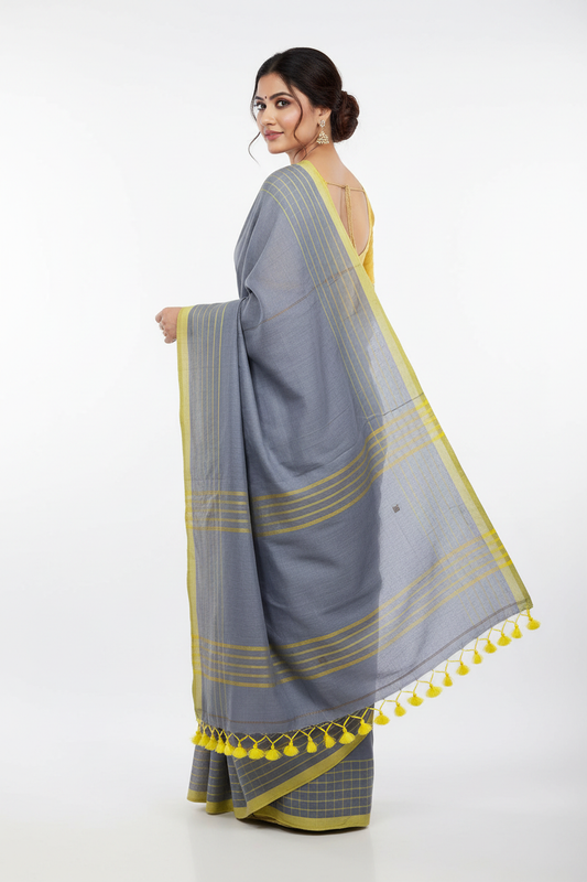 Handwoven grey blue cotton saree - back view