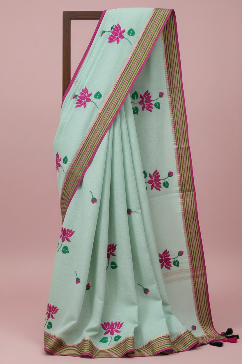 Cotton Lotus Embroidery Saree - Border Detail