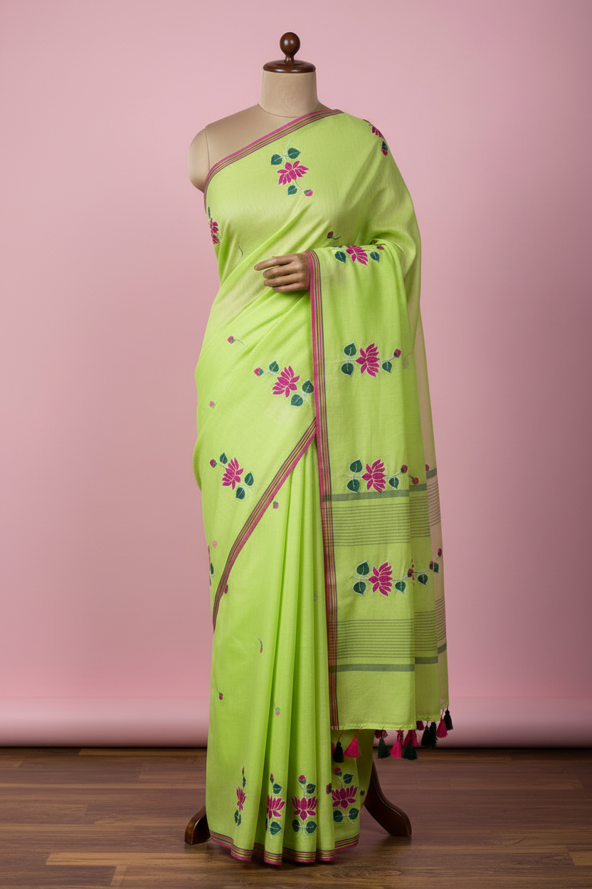 Green Lotus Embroidery Saree - Full Length