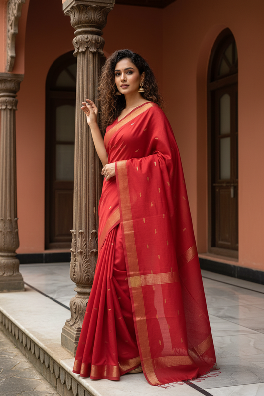 Vibrant Red Maheshwari Silk Saree - Elegant Pose