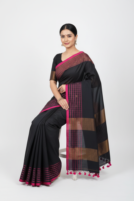 Black cotton saree with pink border - sitting pose