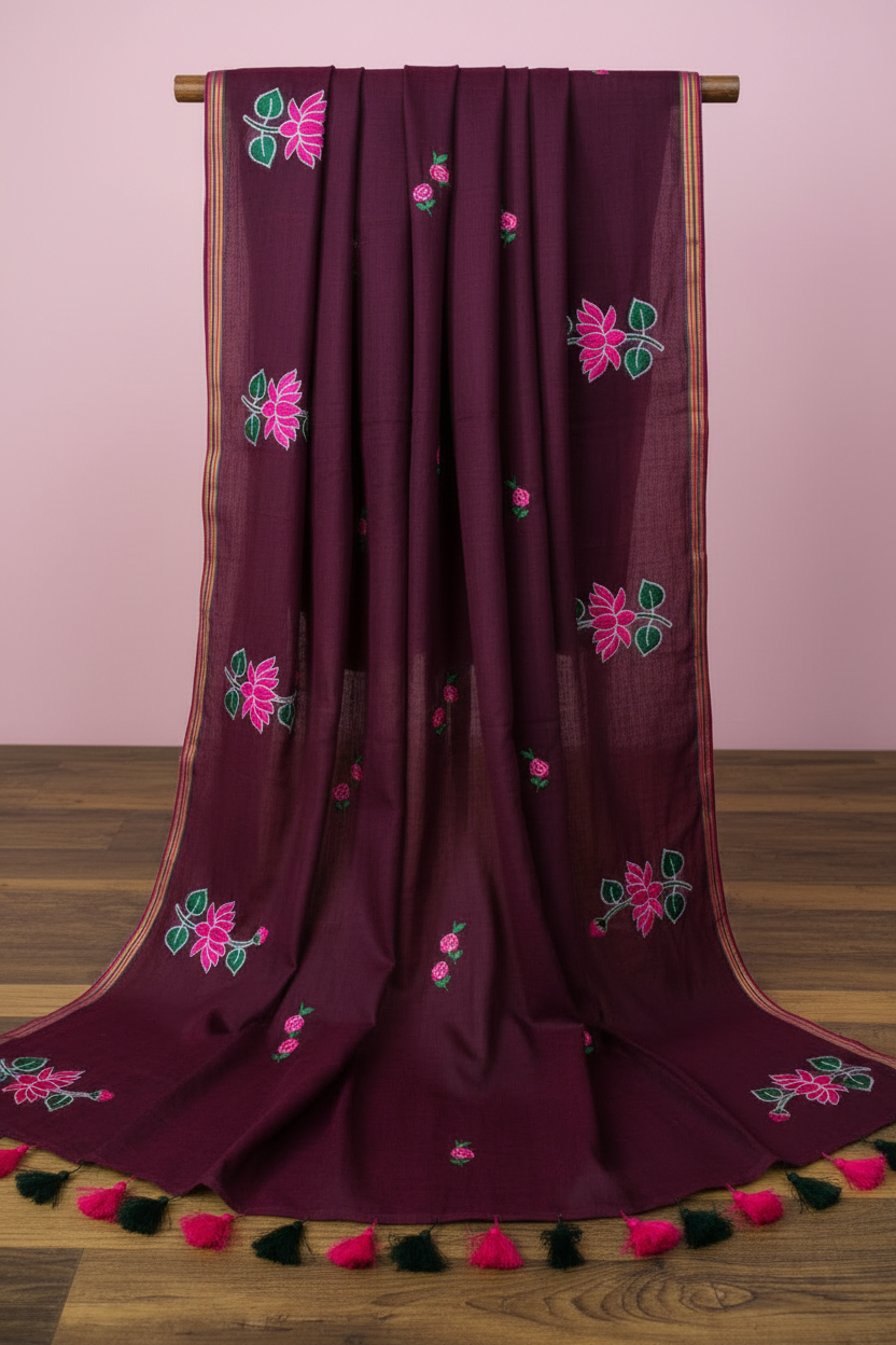 Maroon Cotton Kamal Saree - Close-up View