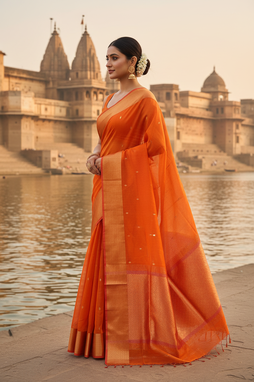 Orange Maheshwari Silk Saree - Side View at Kashi Ghats