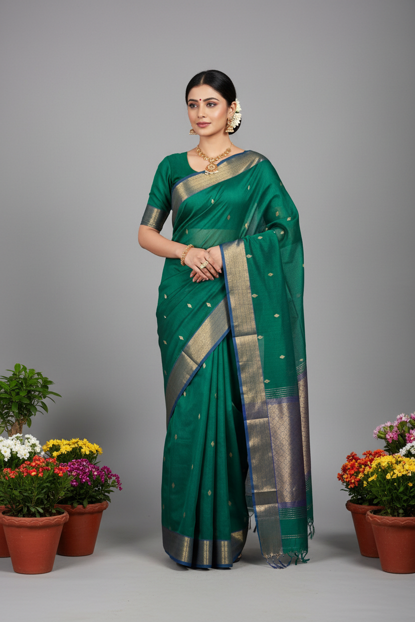 Emerald Green Maheshwari Silk Saree - Full Length View
