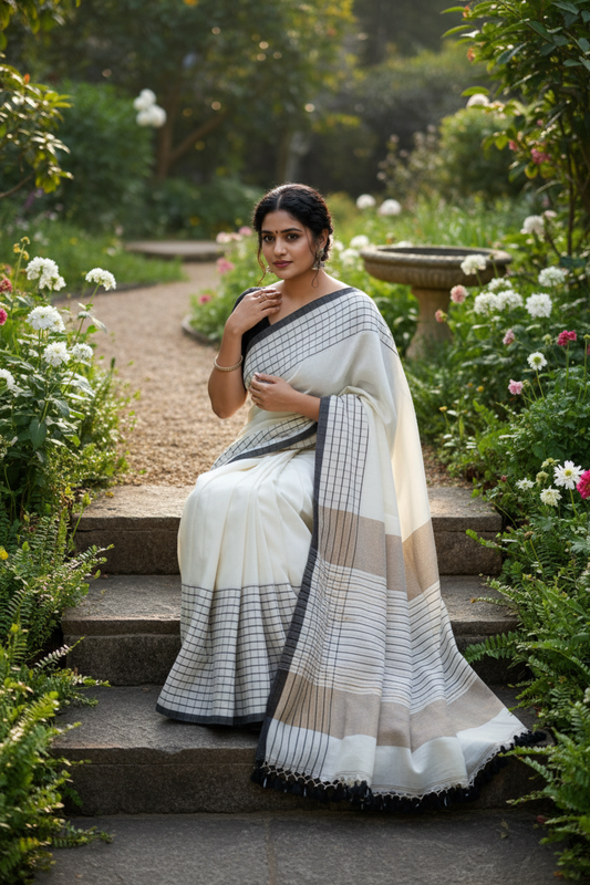 White beige striped cotton saree sitting in garden