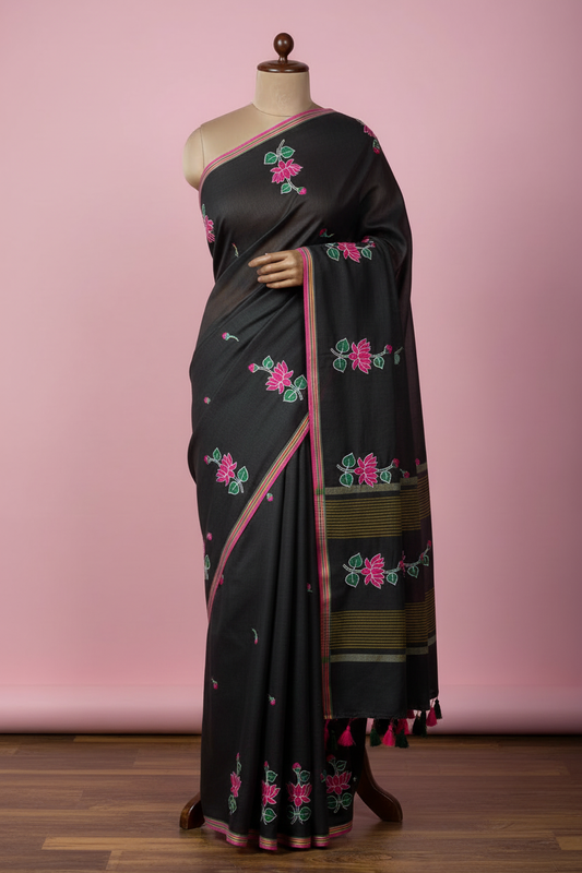 Black Lotus Embroidery Saree - Full Length