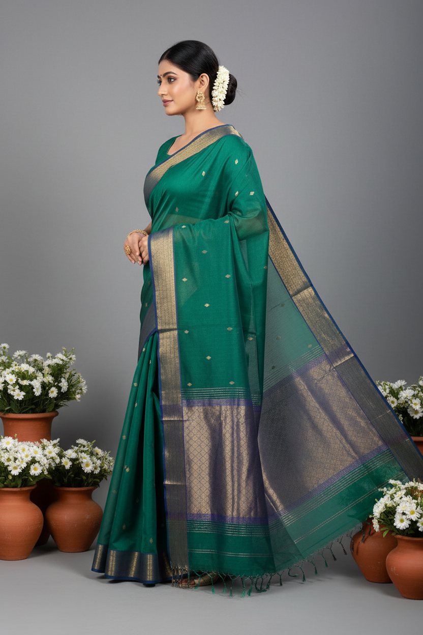 Emerald Green Maheshwari Silk Saree - Side View