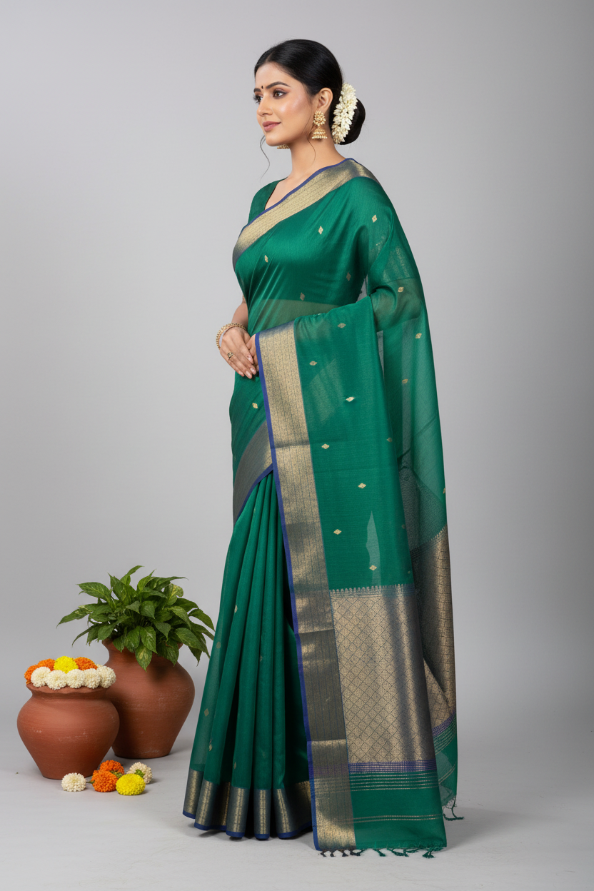 Emerald Green Maheshwari Silk Saree - Elegant Pose