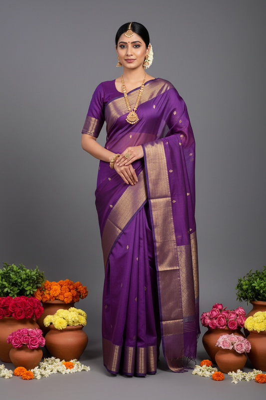Royal Purple Maheshwari Silk Saree - Full Length View