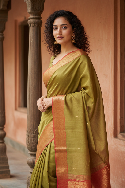 Golden Olive Maheshwari Silk Saree - Elegant Pose