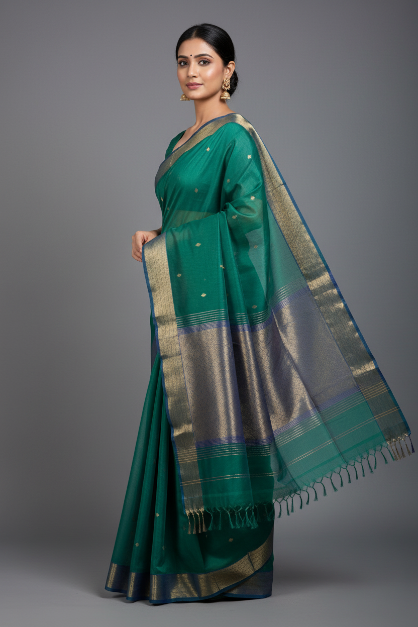 Emerald Green Maheshwari Silk Saree - Close-up Detail