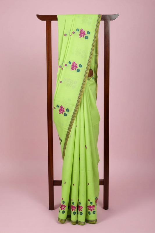 Pure 120 Count Cotton Kamal Embroidery Saree Parrot Green - Full View
