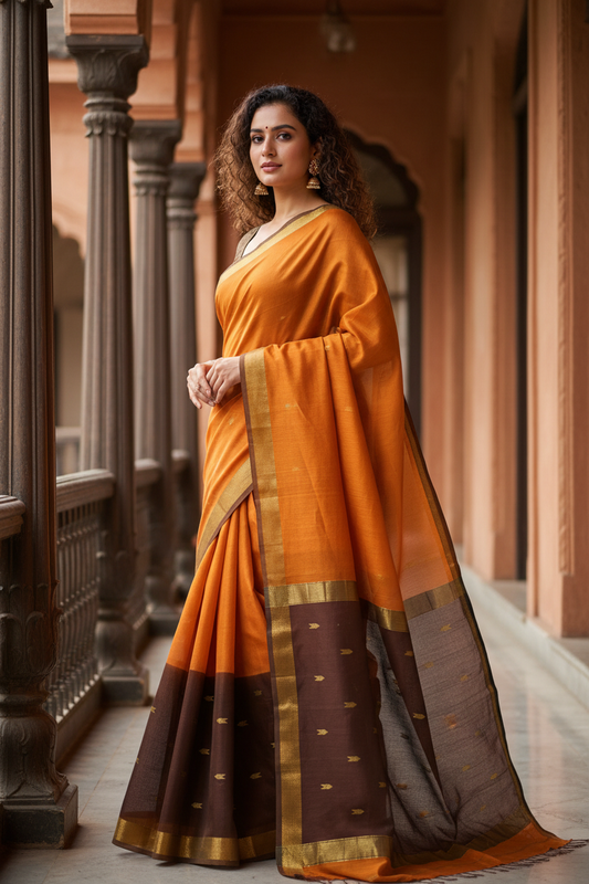 Vibrant Orange Maheshwari Silk Saree - Elegant Pose