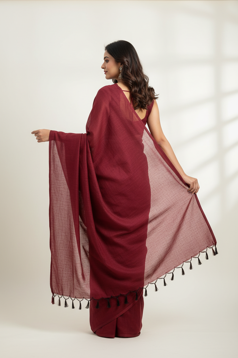 Maroon Mulmul Cotton Saree with Black Tassels Back View