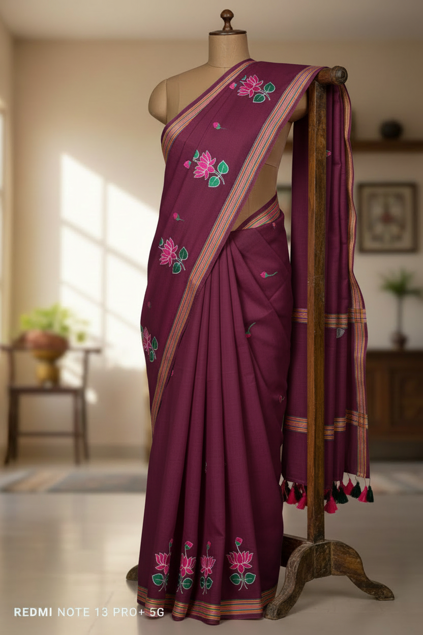 Maroon Cotton Saree - Side Angle