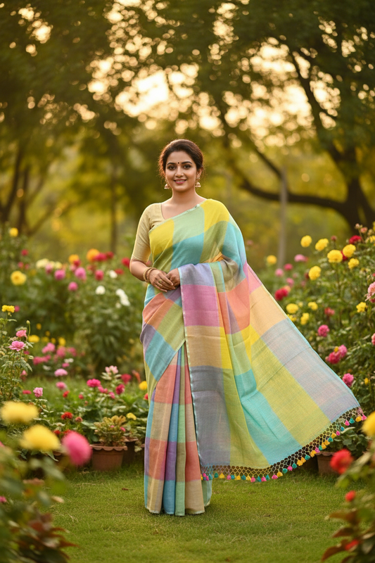 Pastel multicolor checked linen saree with colorful tassels in garden