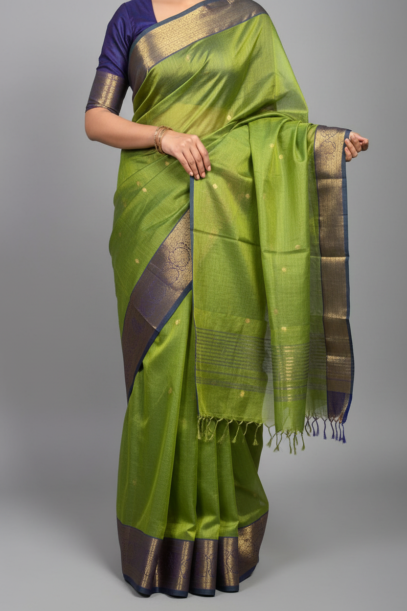 Parrot Green Maheshwari Silk Saree - Fabric Detail