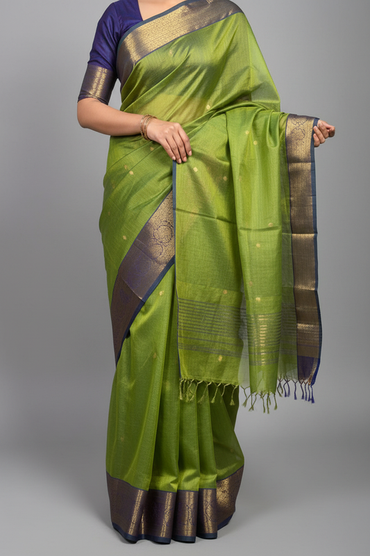 Parrot Green Maheshwari Silk Saree - Fabric Detail