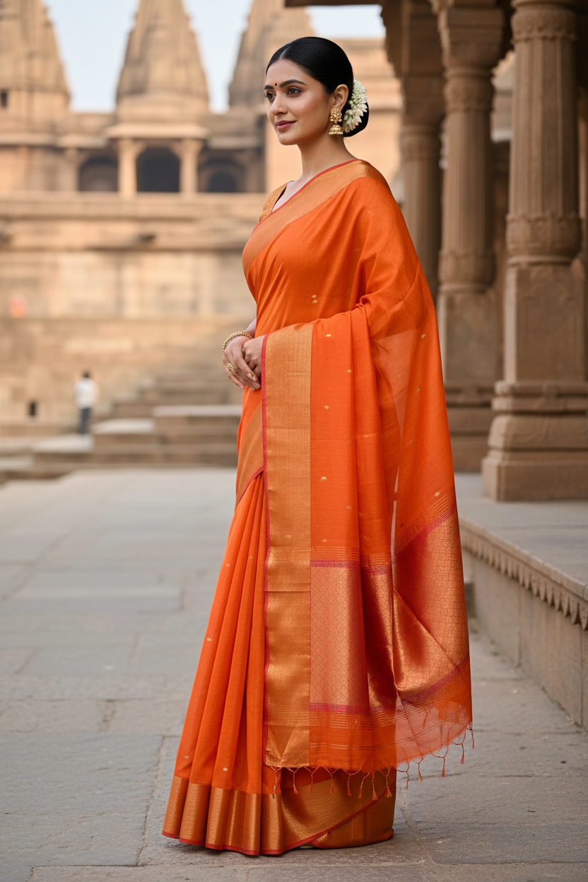 Orange Maheshwari Silk Saree - Elegant Pose