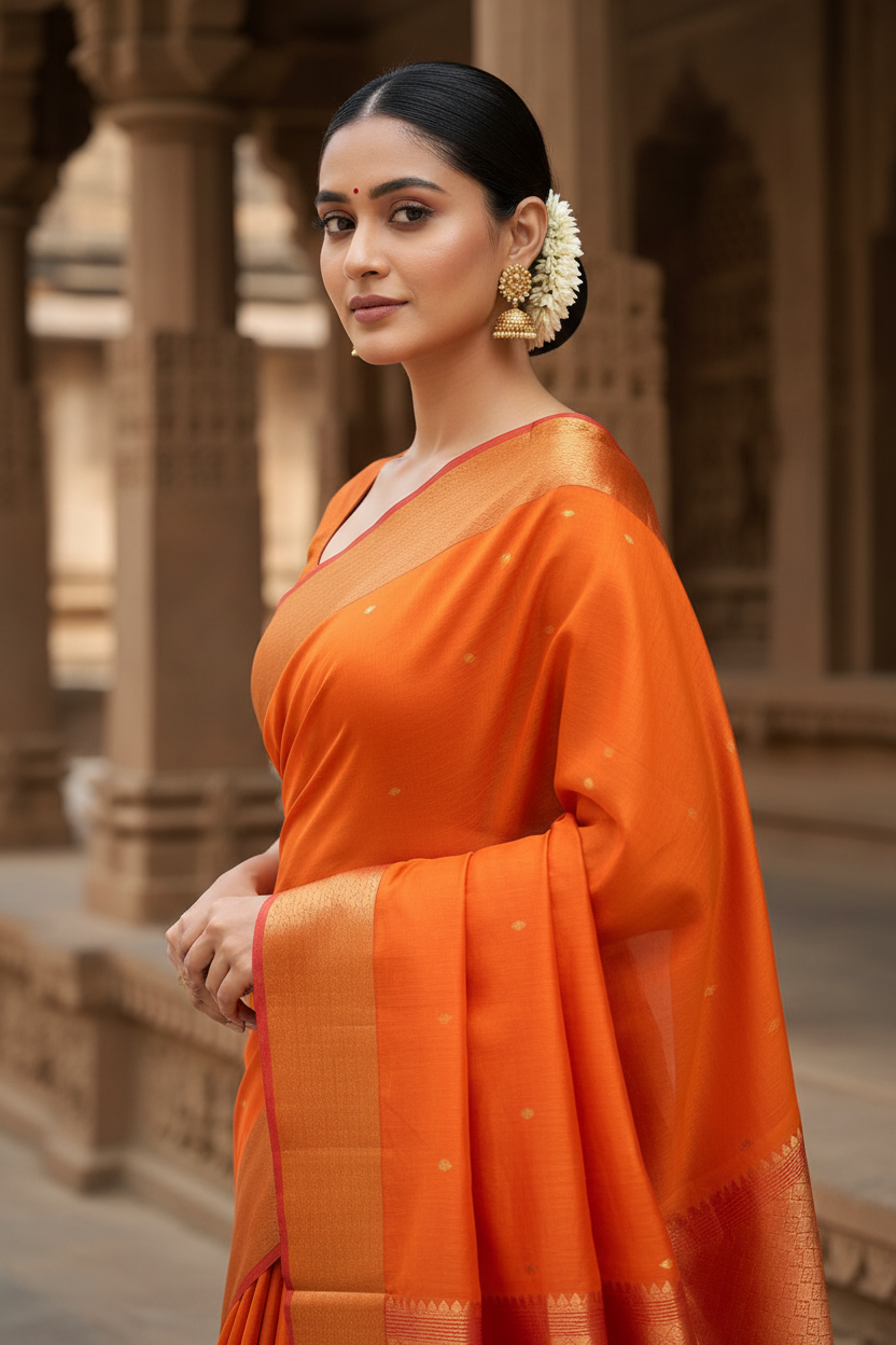 Orange Maheshwari Silk Saree - Portrait at Temple