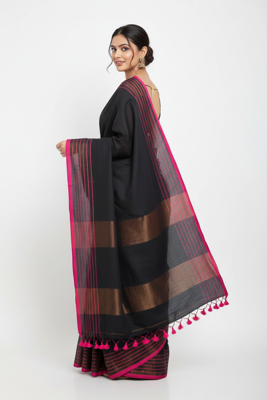Black cotton saree with pink border - back pose