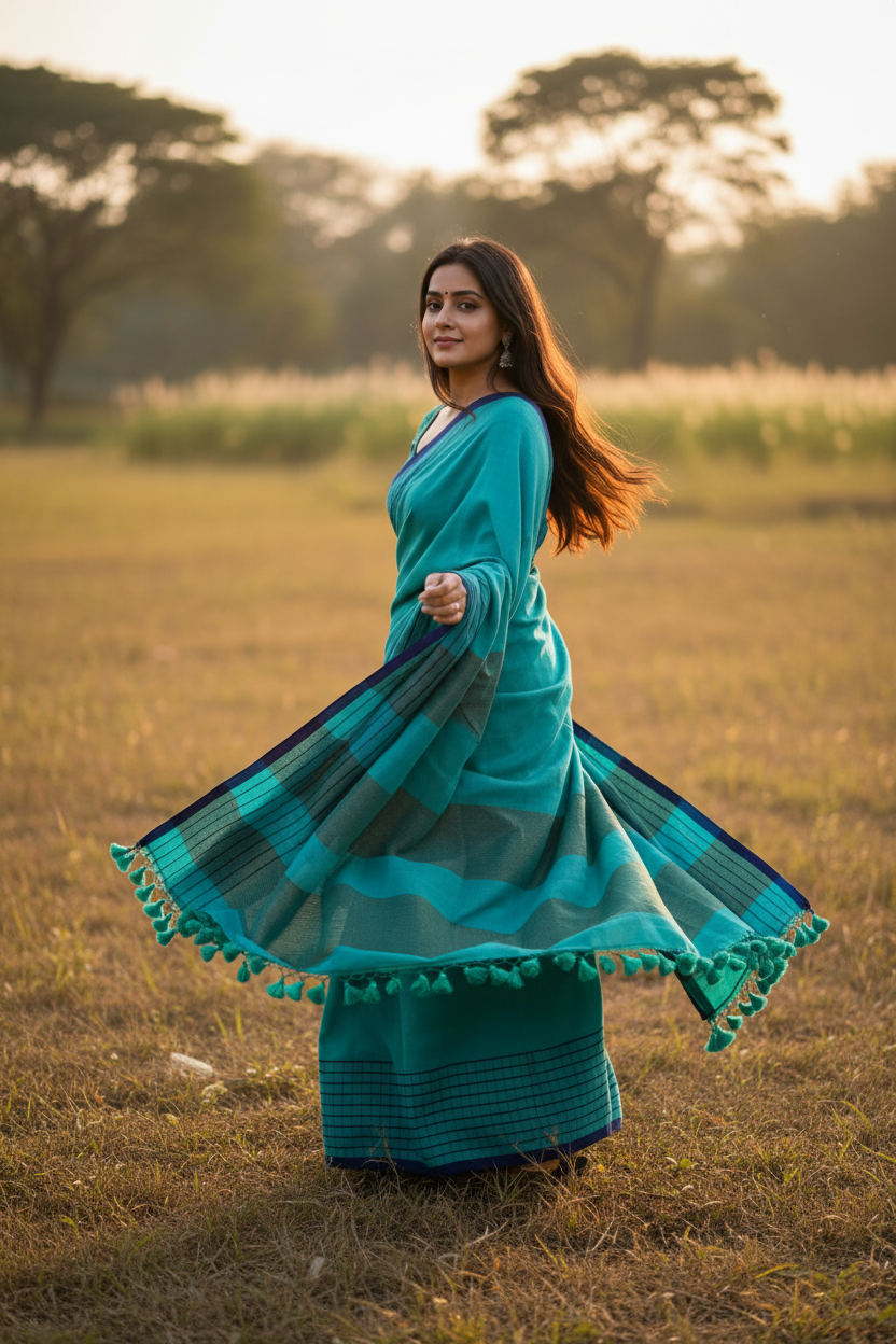 Turquoise checked saree twirling in nature