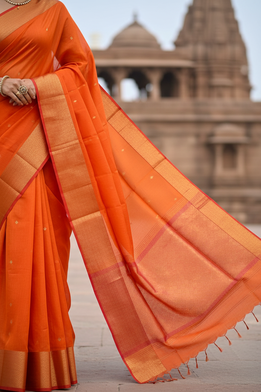 Orange Maheshwari Silk Saree - Lightweight Fabric Detail