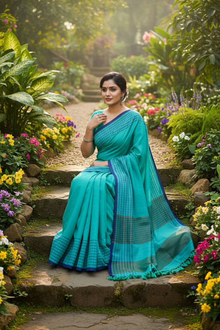 Turquoise mulmul cotton saree sitting in garden