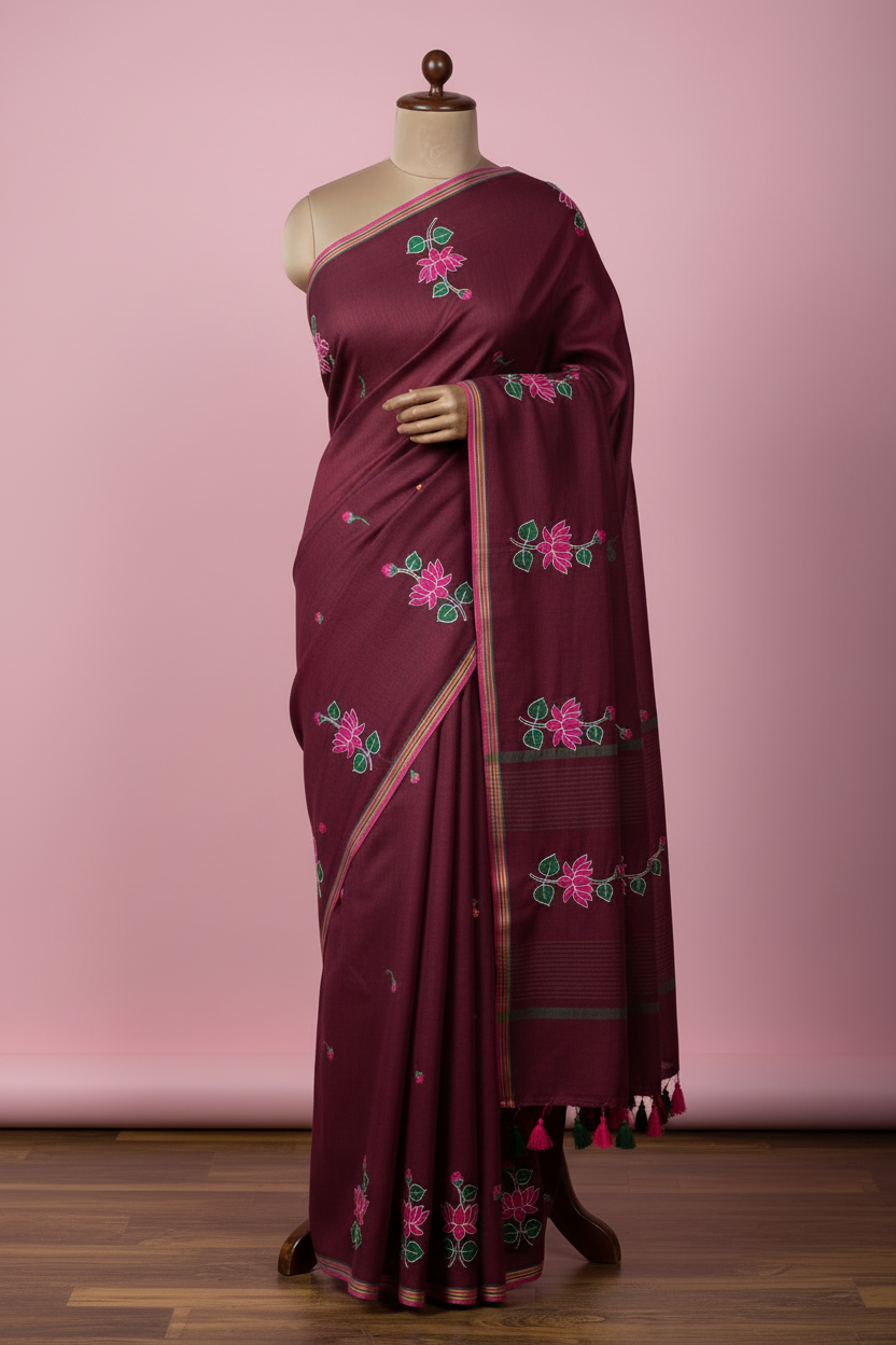 Maroon Lotus Embroidery Saree - Full Length