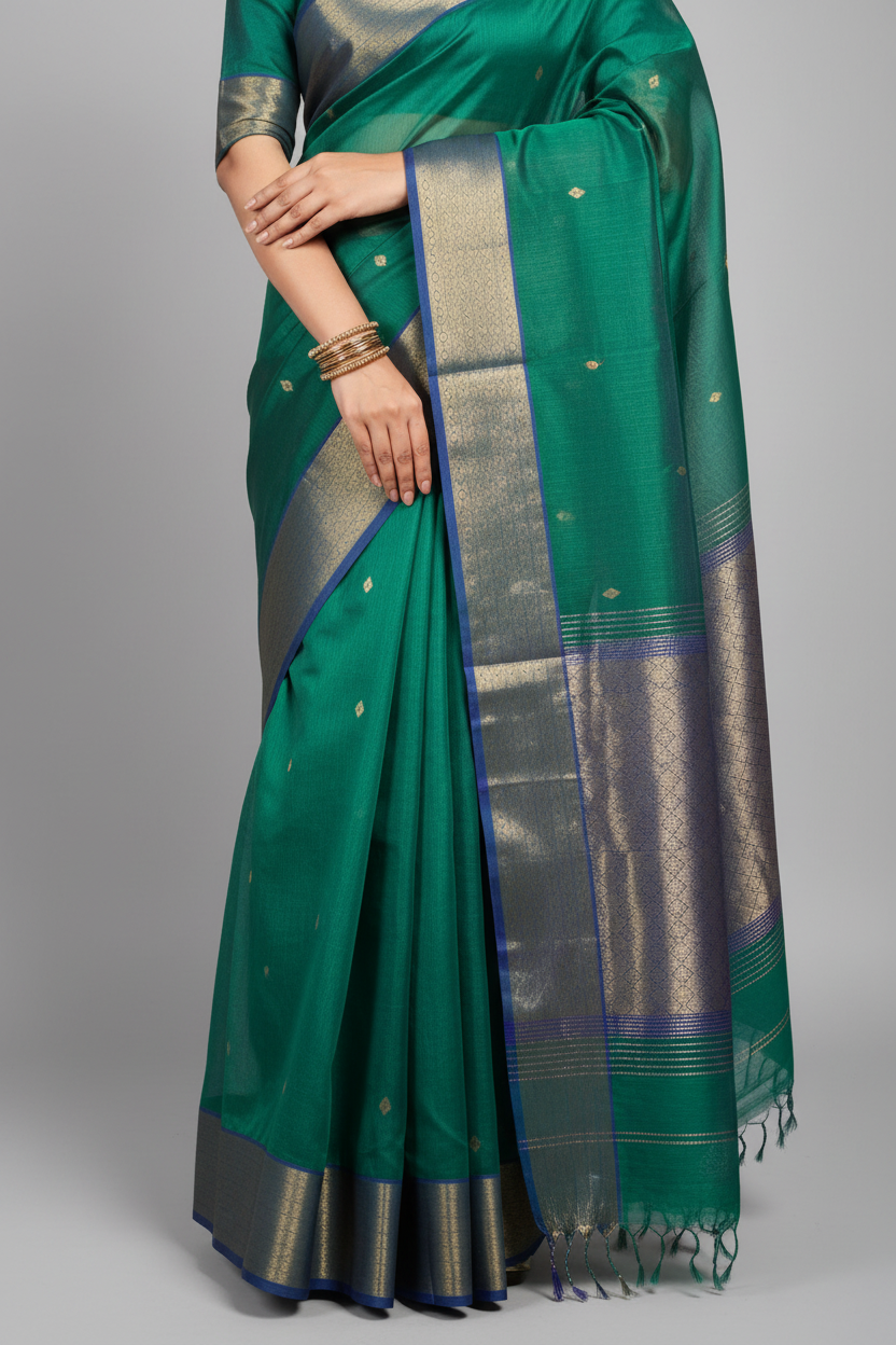 Emerald Green Maheshwari Silk Saree - Fabric Detail