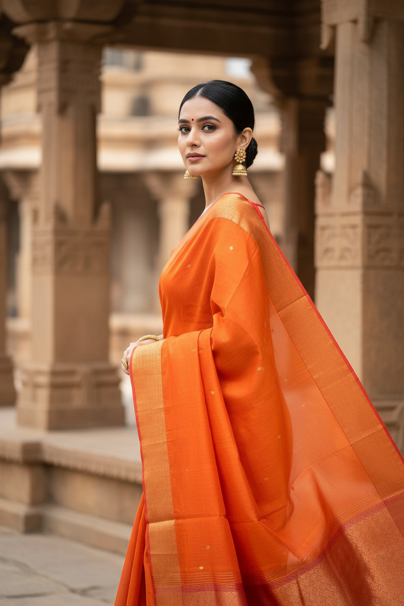 Orange Maheshwari Silk Saree at Temple - Close-up