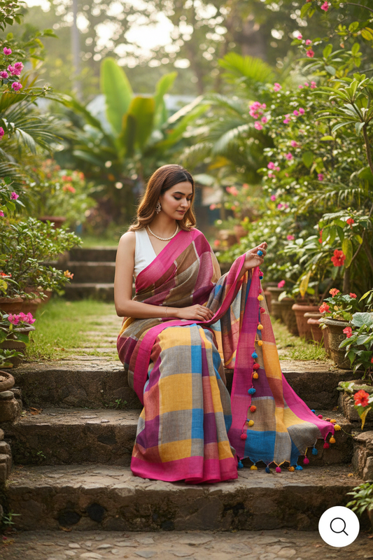 Multicolor linen saree sitting in garden