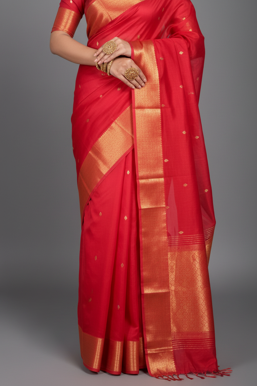 Red Maheshwari Silk Saree - Fabric Detail