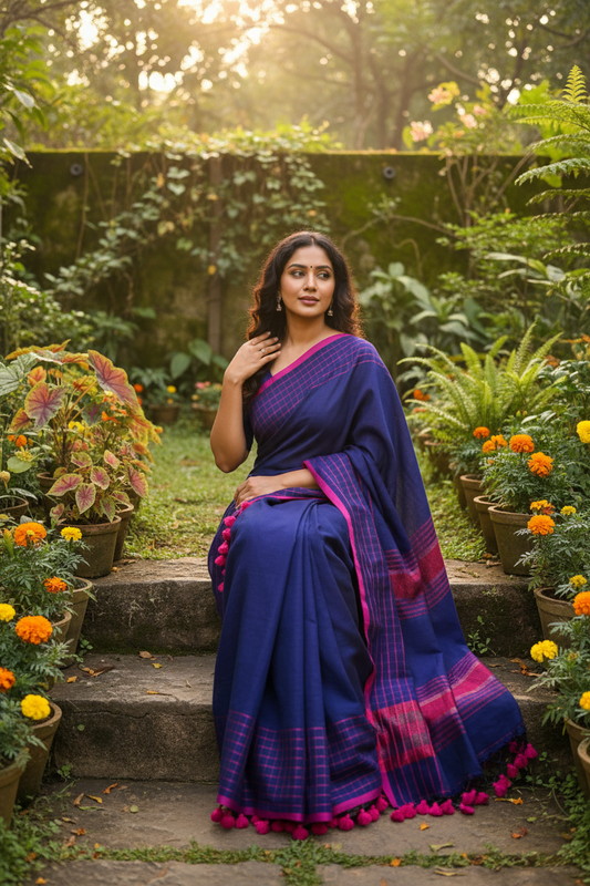 Navy blue mulmul cotton saree sitting in garden
