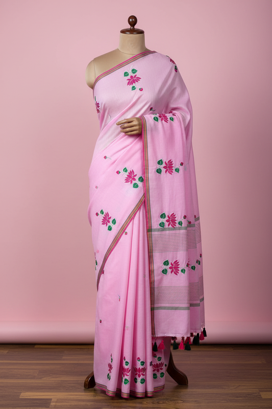 Pink Lotus Embroidery Saree - Full Length