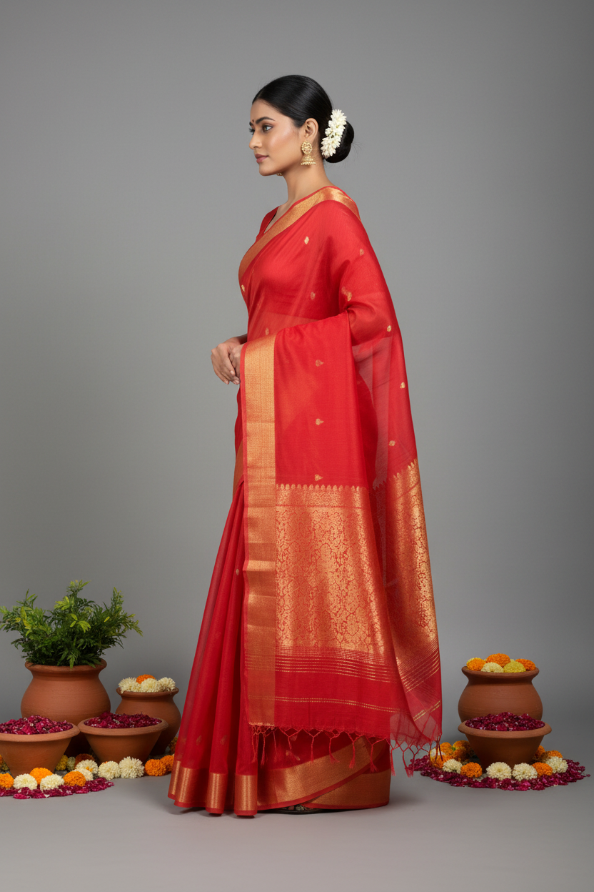 Red Maheshwari Silk Saree - Side View