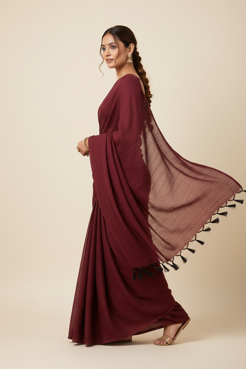 Maroon Mulmul Cotton Saree with Black Tassels Side View