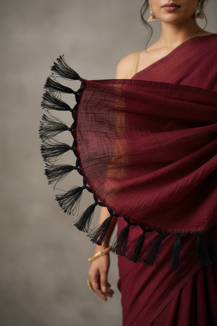 Maroon Mulmul Cotton Saree Pallu with Black Tassels Detail
