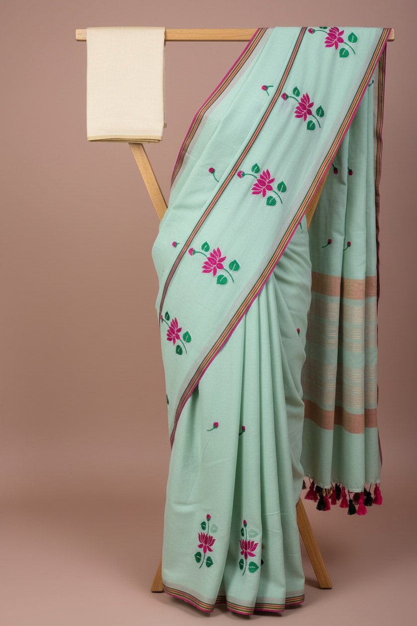 Pure Cotton Lotus Embroidery Saree - Pallu Detail