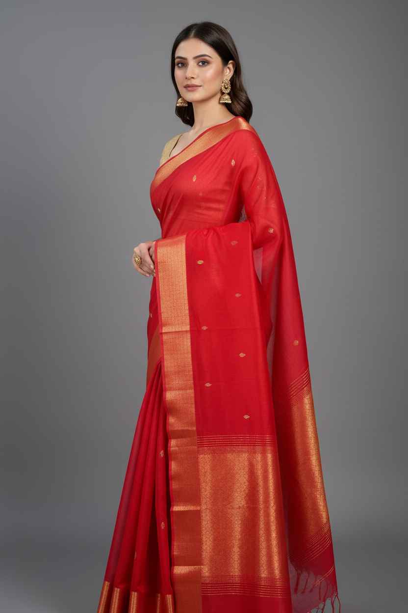 Red Maheshwari Silk Saree - Close-up Detail