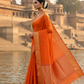 Orange Maheshwari Silk Saree at Kashi Ghats - Side View