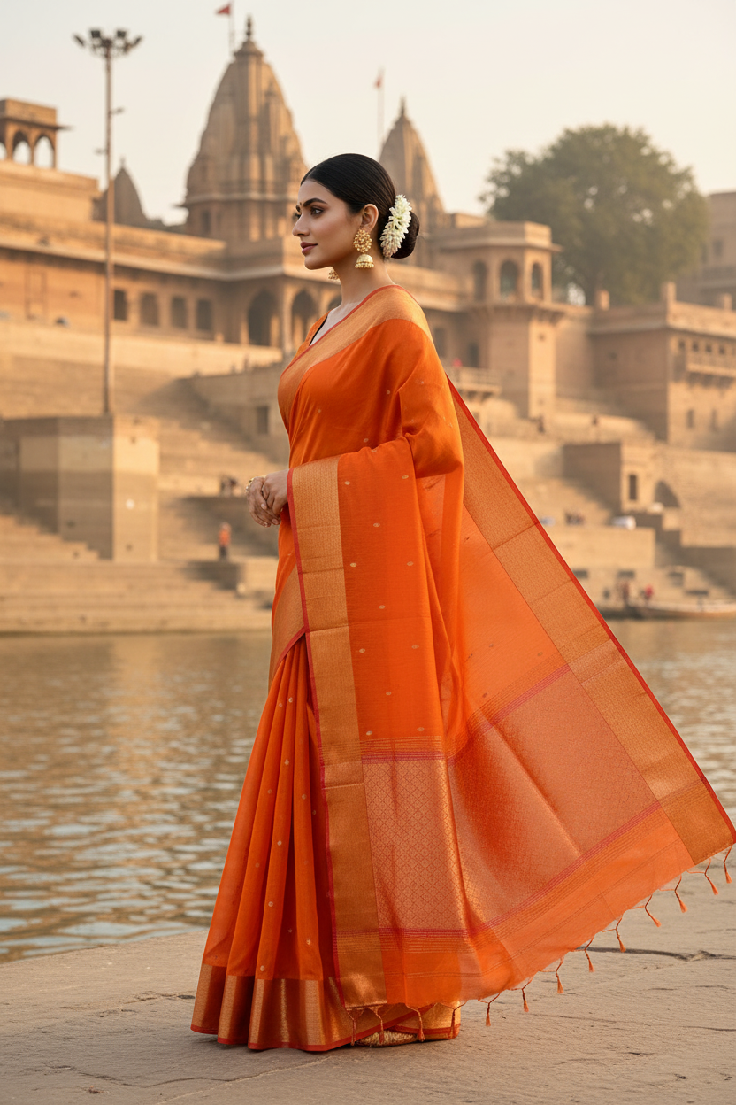 Orange Maheshwari Silk Saree at Kashi Ghats - Side View