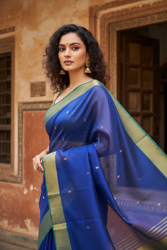 Royal Blue Maheshwari Silk Saree - Portrait with Curly Hair