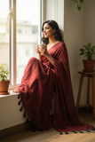 Maroon Mulmul Cotton Saree with Black Tassels Lifestyle Pose