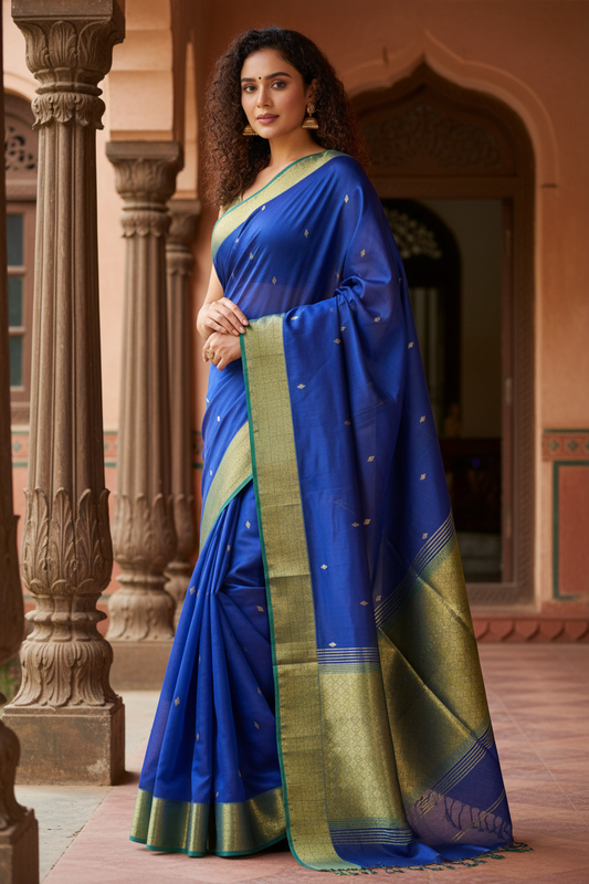 Royal Blue Maheshwari Silk Saree - Elegant Pose