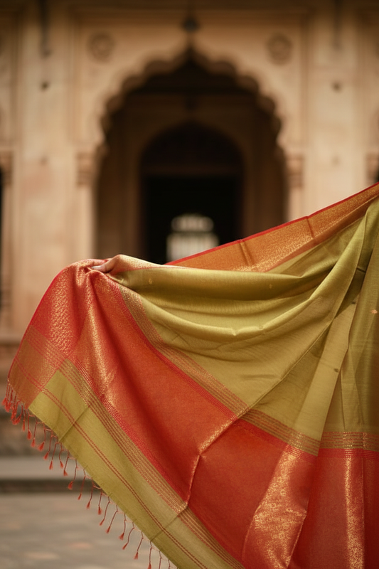 Golden Olive Maheshwari Silk Saree - Lightweight Fabric Detail